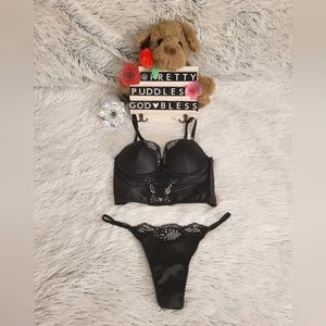 💎 VS 2pc Very Sexy Embellished Lace Trim Push-Up Corset Bustier Top & Thong Set